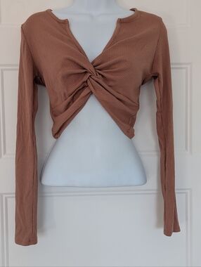 Active USA Ribbed Twist Front Crop Top Brown Long Sleeve Size M